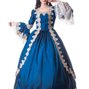 Royal Blue Retro Costumes Women Lace Matte Satin Pageant Dress Victorian Style Vintage Clothing Halloween