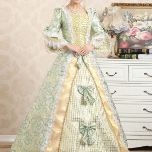 Royal Retro Costume Women's Victorian Ball Gown Jacquard Floral Green Ruffle Bows Tiered Vintage Princess Costume Halloween