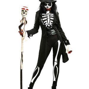 Scary Halloween Costume Black Skeleton Color Block Costume Set In 5 Pieces For Women Halloween