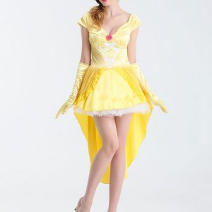 Sexy Halloween Costume Princess Women's Yellow High Low Dress With Headgear & Glove Halloween