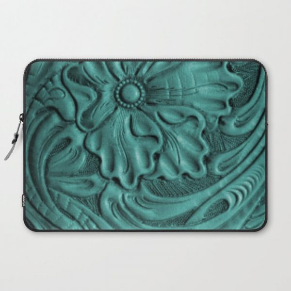 Teal Flower Tooled Leather Computer Cover by The Ghost Town - Laptop Sleeve - 15"