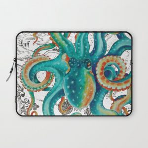 Teal Octopus Tentacles Vintage Map Nautical Computer Cover by Seven Sirens Studios - Laptop Sleeve - 13"