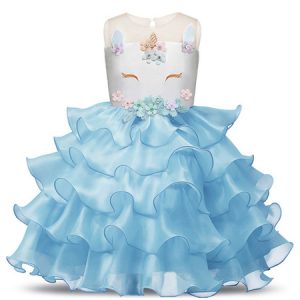 Unicorn Dresses Little Girls Ruffles Halloween Costume Kids Party Dress With Headpieces