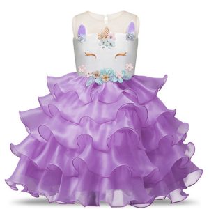 Unicorn Dresses Little Girls Ruffles Halloween Costume Kids Party Dress With Headpieces