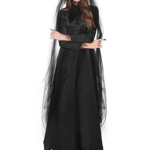 Vampire Halloween Costumes Black Layered Dress Headwear Hat Women Holidays Costumes