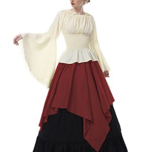 Victorian Costume Retro Long Sleeve Chiffon Women Medieval Dresses Halloween