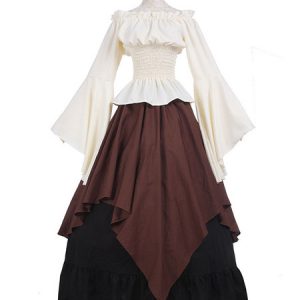 Victorian Costume Retro Long Sleeve Chiffon Women Medieval Dresses Halloween