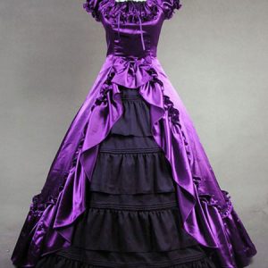 Vintage Costume Dress Women's Victorian Purple Satin Ruffle Retro Maxi Dress Halloween