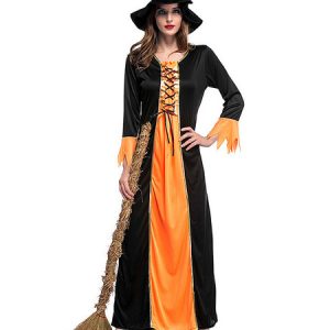 Witch Costume Halloween Women Contrast Color Maxi Dresses And Hat