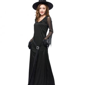 Witch Costume Halloween Women Sexy Split Black Maxi Long Sleeve Dresses Outfit