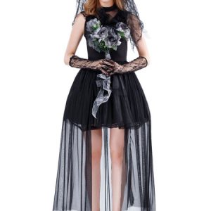 Witch Halloween Costumes Black Tulle Pleated Women Holidays Costumes