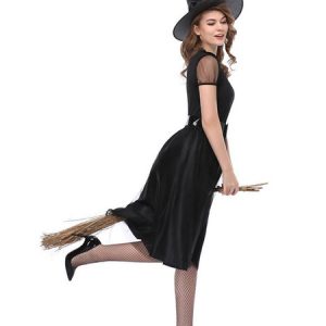 Witch Halloween Costumes Black Woman's Lace Dress Hat Set Holidays Costumes