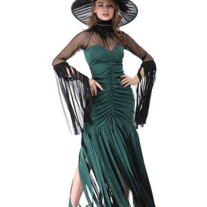 Witch Halloween Costumes Lace Fringe Ruched Dress Hat Set Teal Holidays Costumes