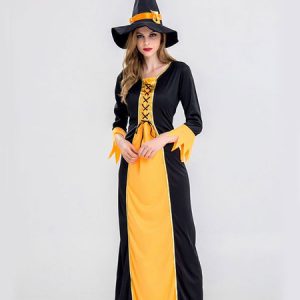 Witch Halloween Costumes Women Lace Up Dress Hat Two Tone Set Performance Holidays Costumes