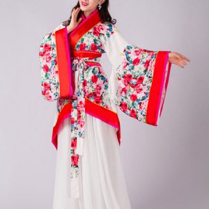 Woman Chinese Costumes Floral Print Curving Front Robe Red Top Chiffon Holidays Costumes