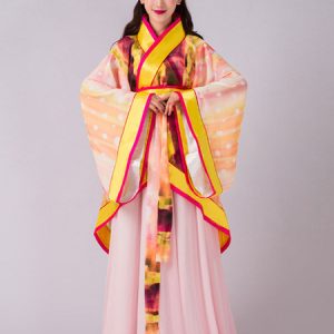 Woman Chinese Costumes Floral Print Curving Front Robe Red Top Chiffon Holidays Costumes