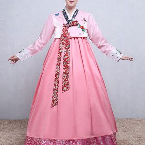 Woman Korean Costumes Floral Print Embroidered Bow Brocade Dress Pink Hanbok Costume Set Halloween