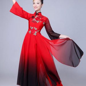 Women Chinese Costumes Embroidered Ombre Stand Collar Red Asian Holidays Costumes