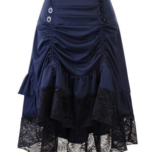 Women Gothic Costume Buttons Ruffle Lace Burgundy Retro Skirt Halloween