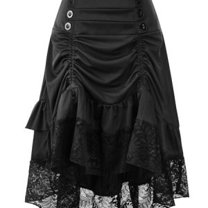 Women Gothic Costume Buttons Ruffle Lace Burgundy Retro Skirt Halloween