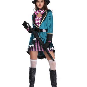 Women Halloween Costume Alice In Wonderland Checkboard Pattern 6 Piece Carnival Costume Set