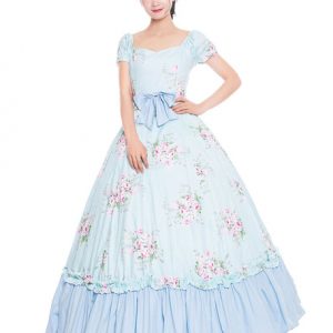 Women Retro Costumes Baby Blue Floral Print Bows Ruffle Matte Satin Victorian Style Vintage Clothing Halloween