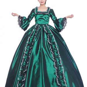 Women Retro Costumes Cascading Ruffles Lace Matte Satin Victorian Style Dress Dark Green Vintage Clothing Halloween