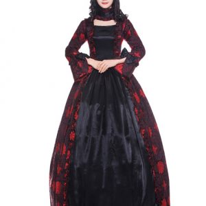 Women Retro Costumes Dark Red Ruffle Bow Floral Print Satin Victorian Style Vintage Clothing Halloween