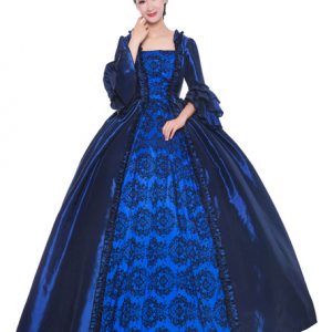 Women Retro Costumes Deep Blue Ruffle Matte Satin Victorian Style Print Vintage Clothing Halloween