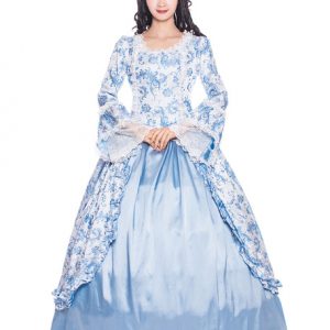 Women Retro Costumes Matte Satin Lace Trim Ruffle Victorian Era Style Floral Print Dress Baby Blue Vintage Clothing Halloween