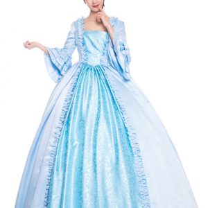 Women Retro Costumes Ruffles Two Tone Victorian Style Dress Baby Blue Vintage Clothing Halloween