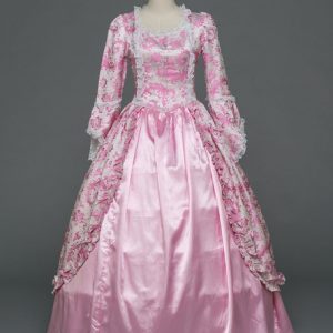 Women's Vintage Costume Halloween Rococo Ball Gowns Pink Ruffle Long Sleeve Royal Victoria Princess Retro Costume Dress