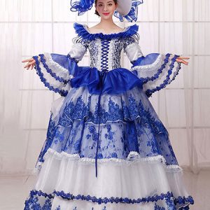 Women's Vintage Costume Victorian Ball Gown Royal Blue Dress With Hat Halloween