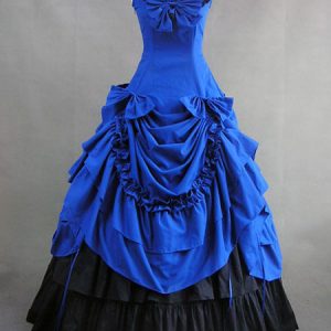 Women's Vintage Costume Victorian Royal Blue Cotton Ruffle Retro Maxi Dress Halloween