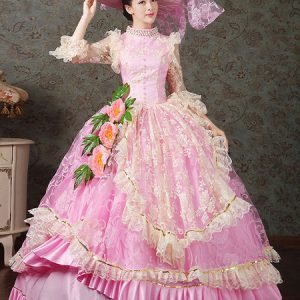 Women's Vintage Costume Victorian Royal Halloween Ball Gown Pink Lace Pageant Dress Halloween