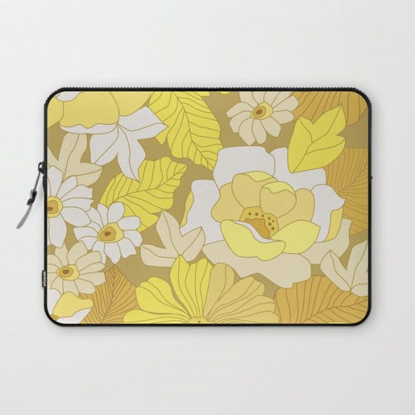 Yellow, Ivory & Brown Retro Flowers Computer Cover by Eyestigmatic Design - Laptop Sleeve - 13"