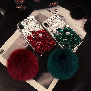 bling crystal diamond fox fur ball pendant case cover for iphone 11 pro max xs max xr x 8 7 6s plus samsung galaxy note 8/9/10 s8/9/10 plus