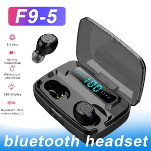 f9-5 tws wireless bluetooth 5.0 earphone hifi bass stereo touch earbuds headphones with led indigital charging box retail package