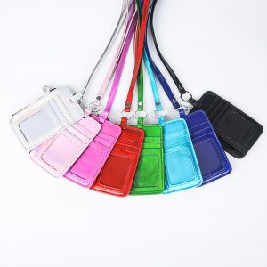 fashion laser bright color leather card holders women lanyard credit bank id traffic bus cards holder pu case sets bag