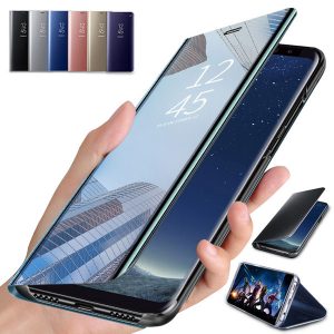 flip case for iphone 11 pro max samsung note 10 s10 s9 plus s10e note 8 phone holder electroplate clear smart mirror cover