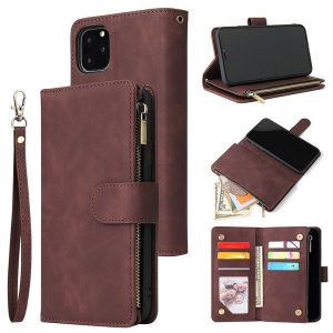 for iphone 11 pro max xs xr x 8 7 plus leather zipper wallet phone case with rope holder card slot all-inclusive cover