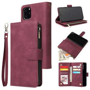 for iphone 11 pro max xs xr x 8 7 plus leather zipper wallet phone case with rope holder card slot all-inclusive cover