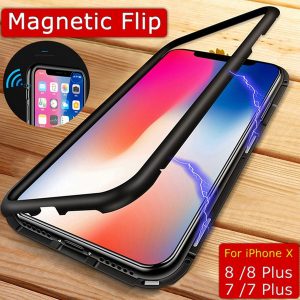 new concept magnetic flip aluminum alloy frame sponge pad phone case coque for iphone x 8 8 plus 7 7 plus 9h tempered glass 360° protec