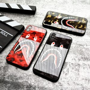 nice tempered glass case for iphone 11 pro x xs max xr 6 6s 7 8 plus hard cover fashion camouflage shark mouth cartoon shell protect