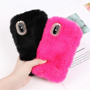 rabbit hair case bling diamond fluffy animal fur cover for iphone x xr xs max back cover for iphone 6 7 8 plus