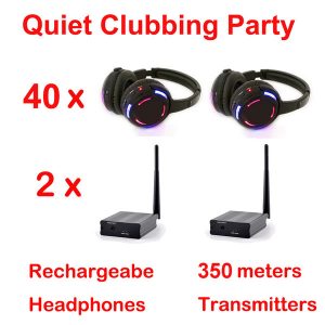 silent disco complete system black led wireless headphones - quiet clubbing party bundle (40 headphones + 2 transmitters)