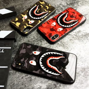 tempered glass case for iphone 11 pro x xs max xr 6 6s 7 8 plus hard cover fashion camouflage shark mouth cartoon shell protect